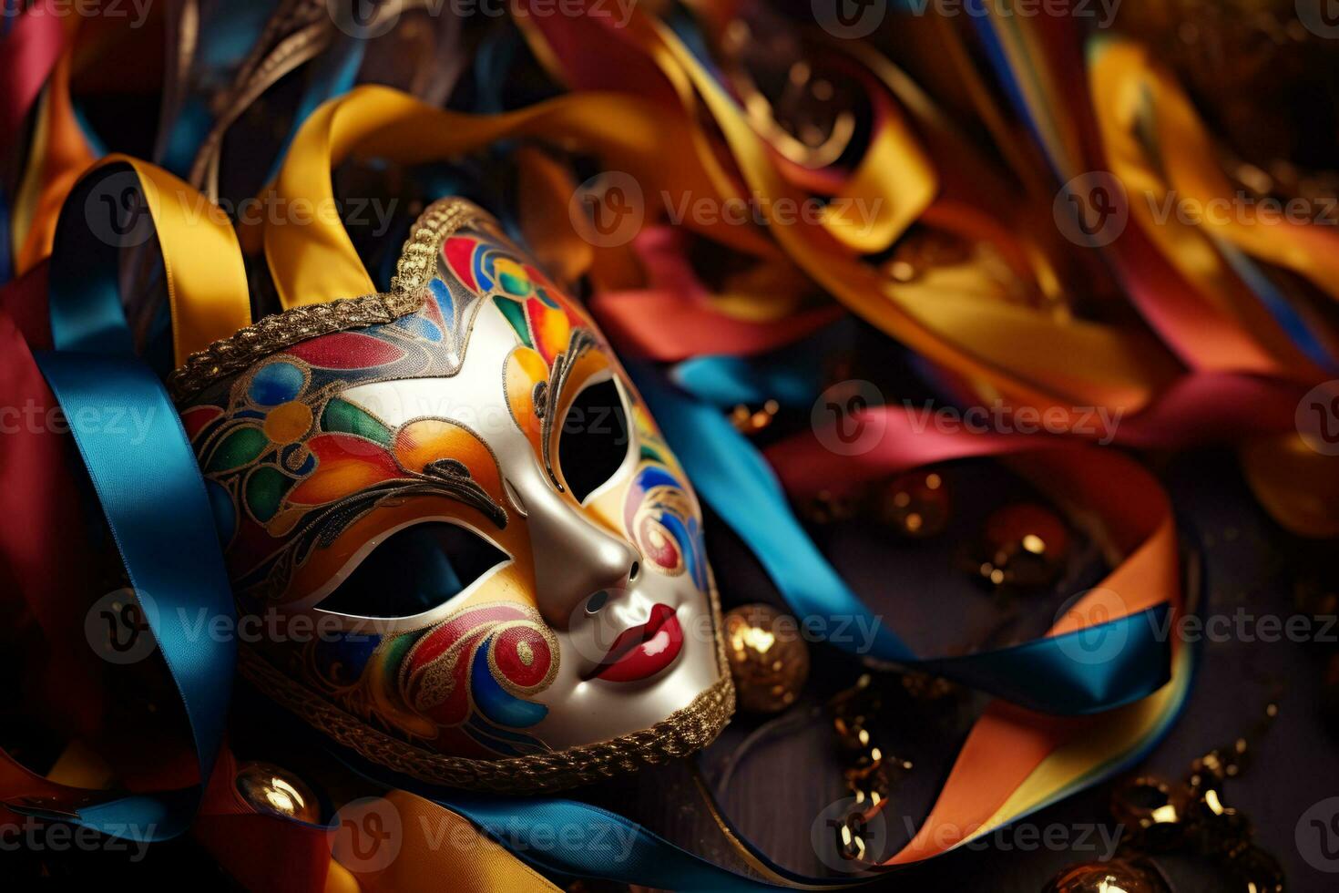 carnaval masker. slingers en confetti Aan kleurrijk achtergrond. carnaval maskerade fantasie kostuum bal. generatief ai foto