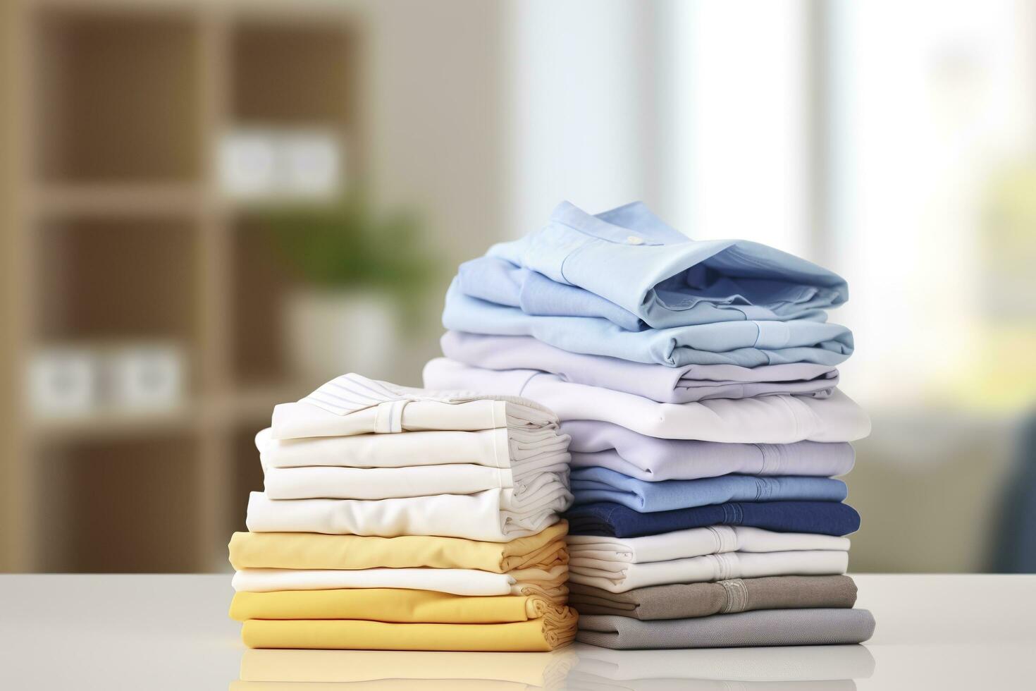 stack van schoon kleren Aan tafel in kamer. generatief ai foto