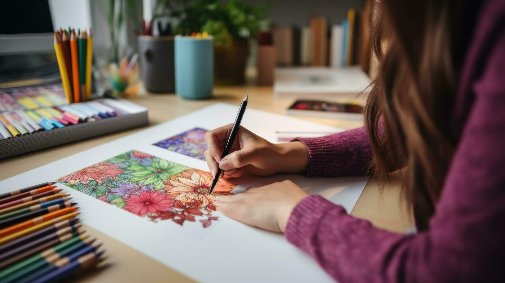 vrouw artiest wie toepassingen gekleurde potloden naar creëren verbijsterend schetsen in haar studio foto