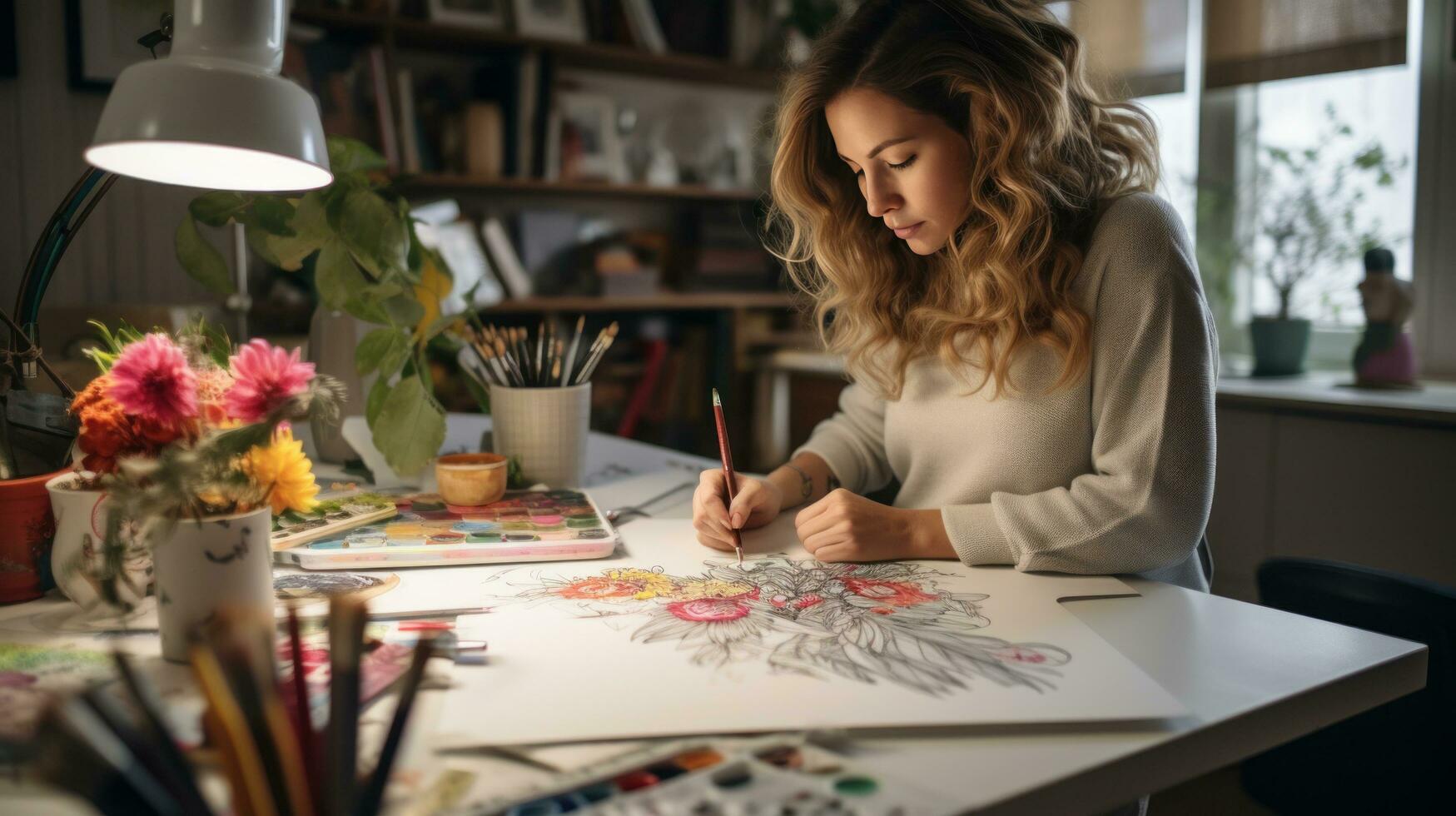 vrouw artiest wie toepassingen gekleurde potloden naar creëren verbijsterend schetsen in haar studio foto