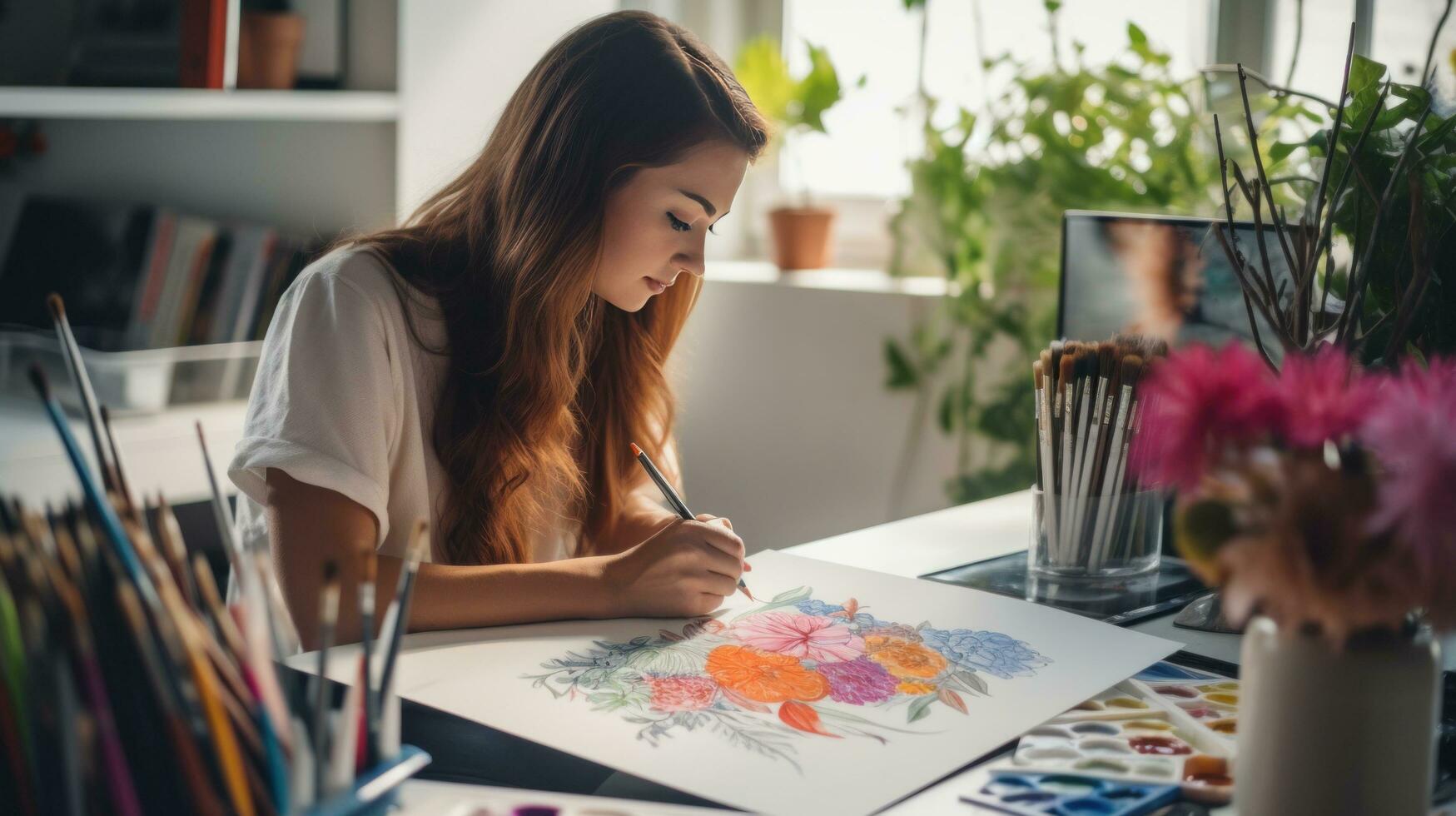 vrouw artiest wie toepassingen gekleurde potloden naar creëren verbijsterend schetsen in haar studio foto