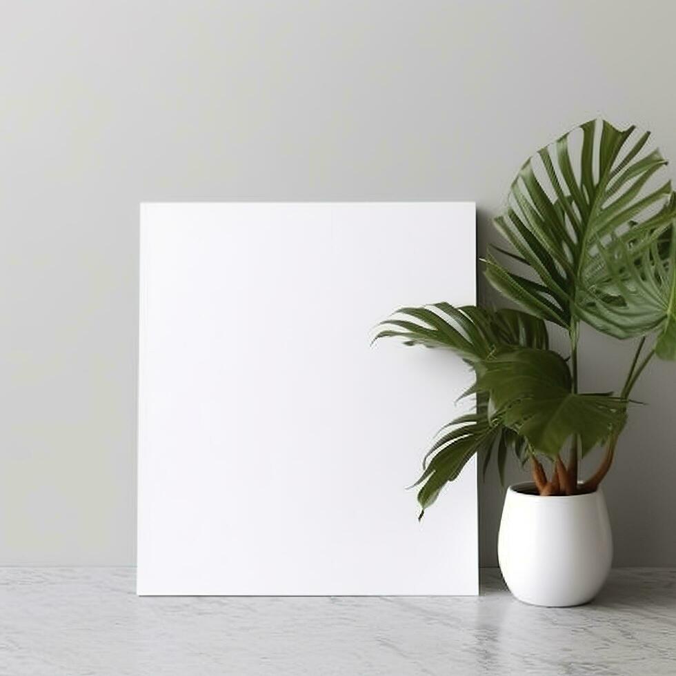 mockup een blanco leeg canvas. een grijs muur Aan de achtergrond. generatief ai foto