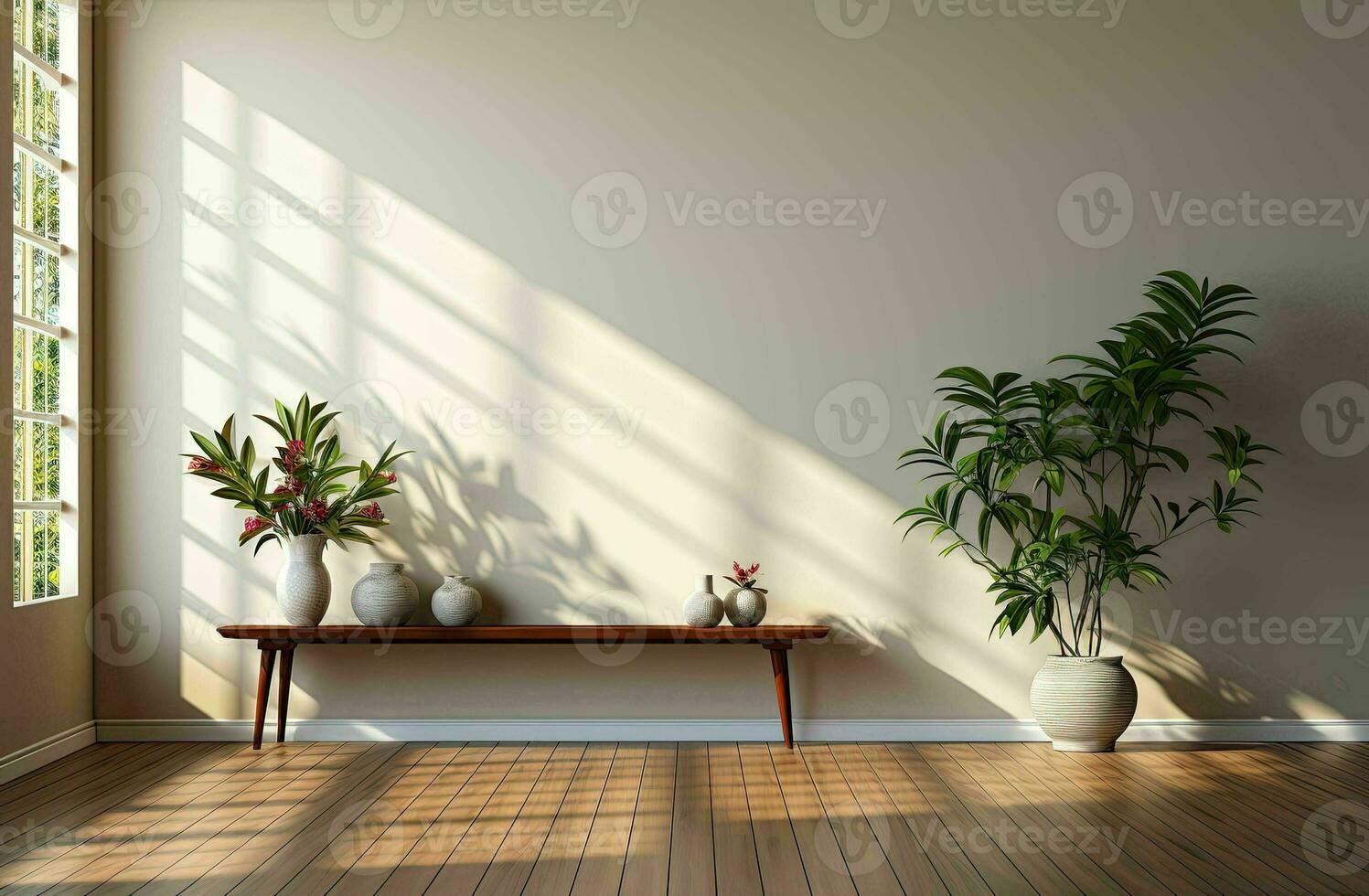 leeg wit leven kamer met een Open deur en wit houten verdieping foto