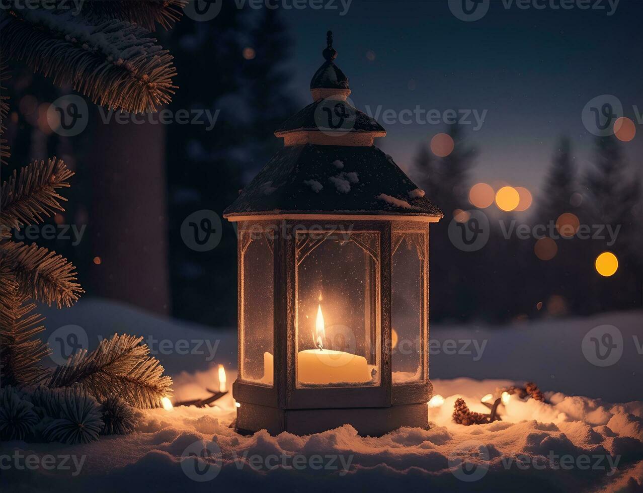 ai generatief een levendig knus lantaarn decoratie Kerstmis nacht foto