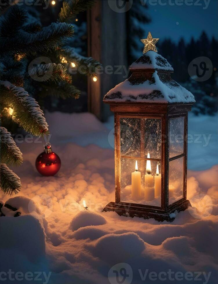 ai generatief een levendig knus lantaarn decoratie Kerstmis nacht foto