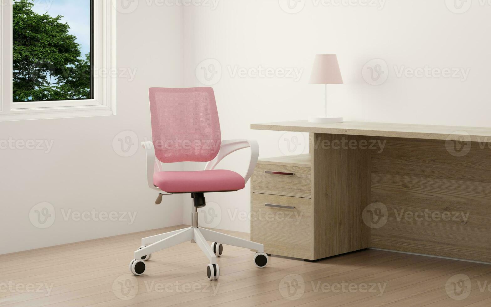 3d renderen roze kantoor stoel Aan hout vloer, roze gaming stoel foto