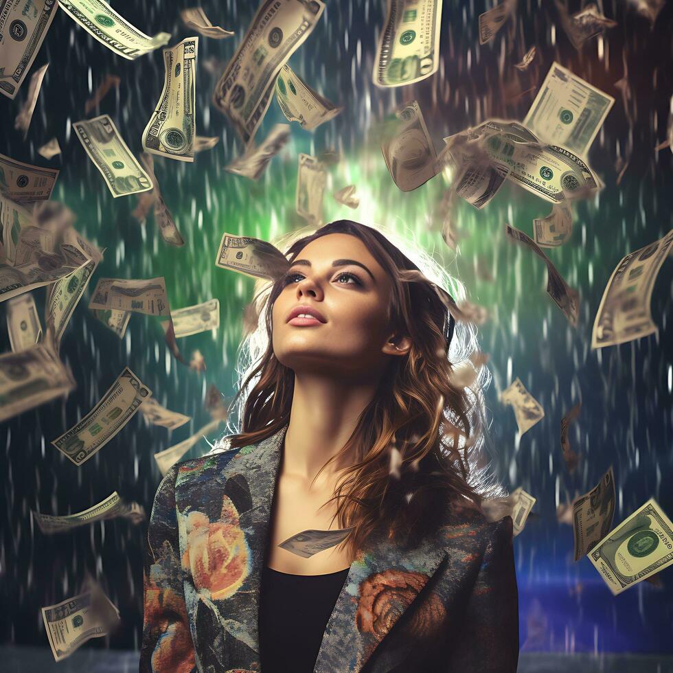 aantrekkelijk jong vrouw staat onder geld vlieg regenen, ai gegenereerd foto