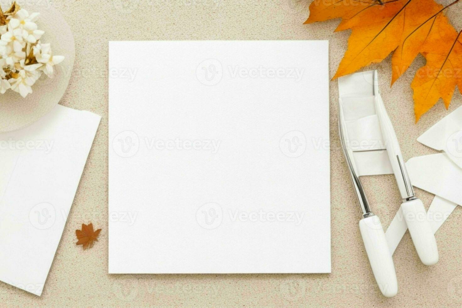 herfst decoratie. papierwit blanco kaart mockup achtergrond. ai generatief pro foto