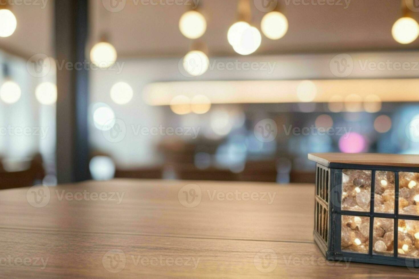 houten tafel in voorkant van een wazig achtergrond van restaurant lichten. ai generatief pro foto