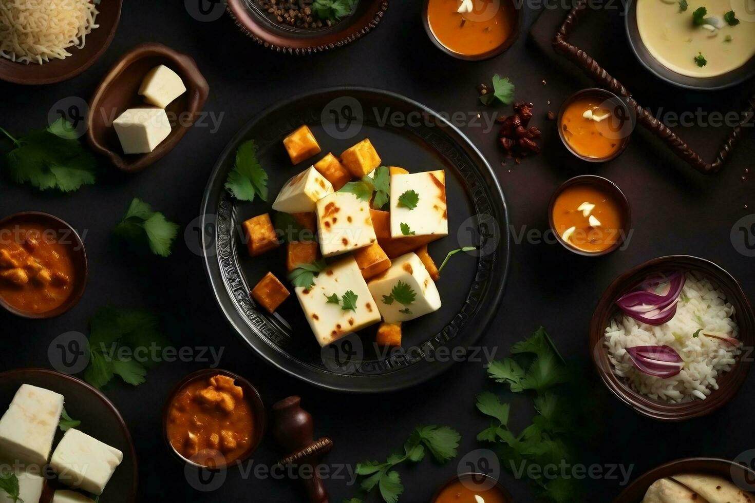 reclame foto, mooi donker achtergrond, moodboard. mooi reeks tafel met Indisch voedsel, paneer kaas, rijst, kerrie. ai generatief foto