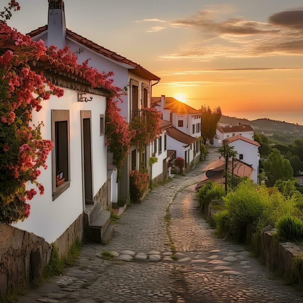 ai gegenereerd charmant Portugees dorp met kleurrijk huizen, bloeiend bloemen, en een toneel- weg verdwijnen in de afstand Bij dageraad ai gegenereerd foto