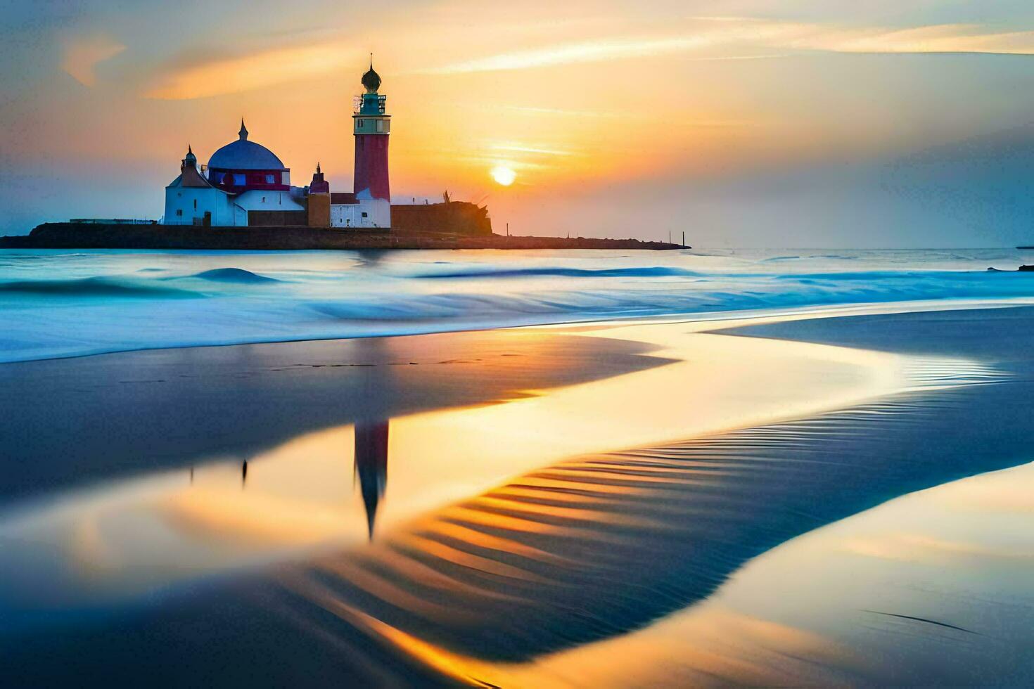 een vuurtoren Aan de strand Bij zonsondergang. ai-gegenereerd foto