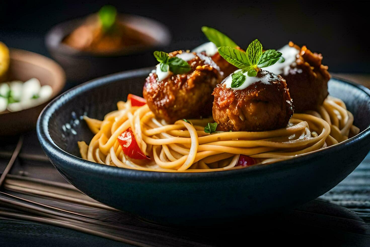 spaghetti met gehaktballen in een schaal. ai-gegenereerd foto