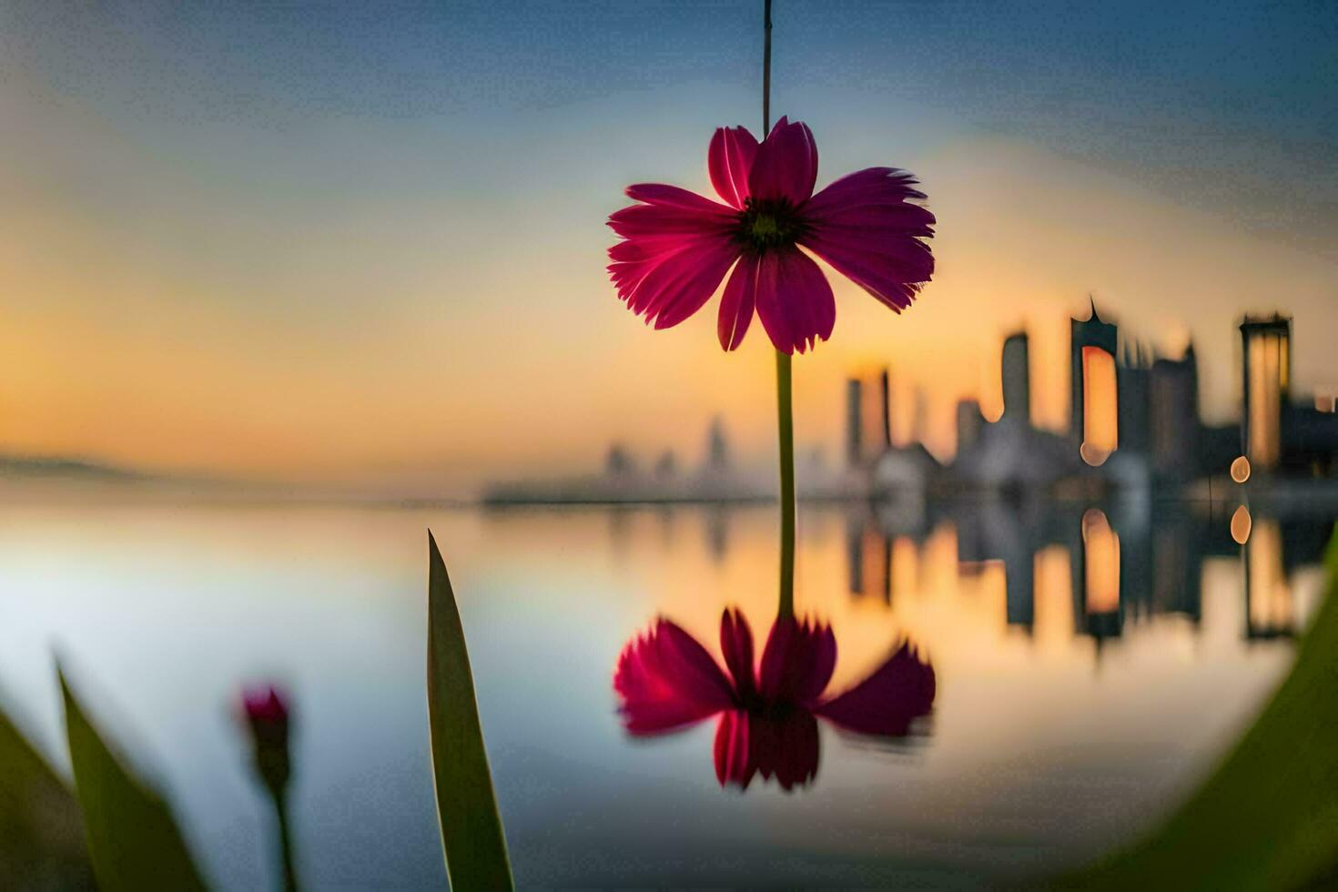 een bloem is weerspiegeld in de water Bij zonsondergang. ai-gegenereerd foto