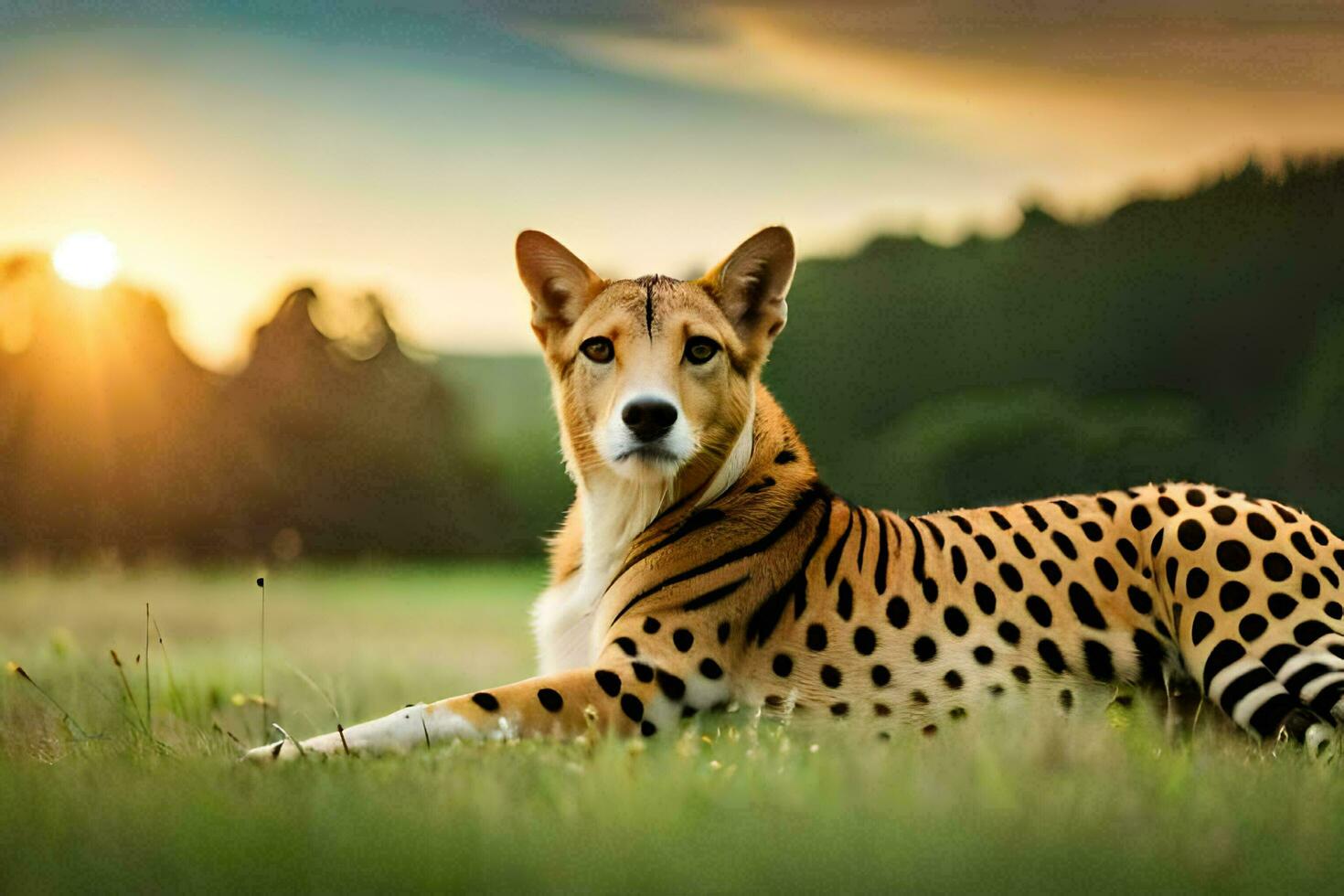 een Jachtluipaard is houdende in de gras Bij zonsondergang. ai-gegenereerd foto