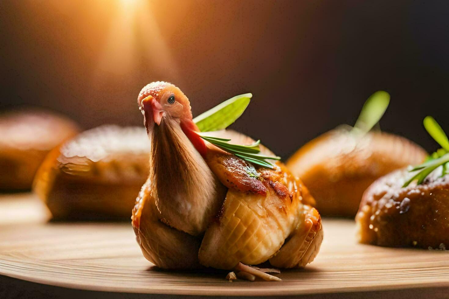 een kalkoen is zittend Aan top van een houten bord. ai-gegenereerd foto