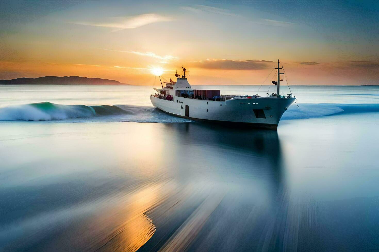 een lading schip in de oceaan Bij zonsondergang. ai-gegenereerd foto