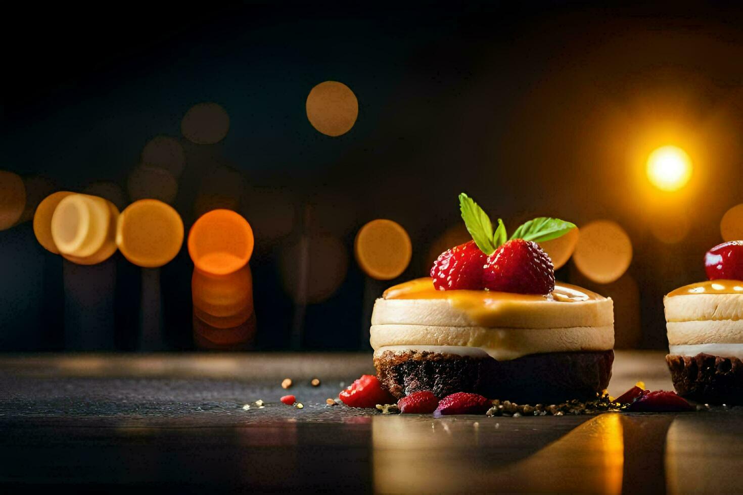 twee desserts met bessen Aan top van een tafel. ai-gegenereerd foto