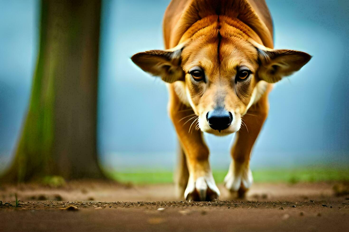 een bruin hond wandelen Aan een aarde weg. ai-gegenereerd foto