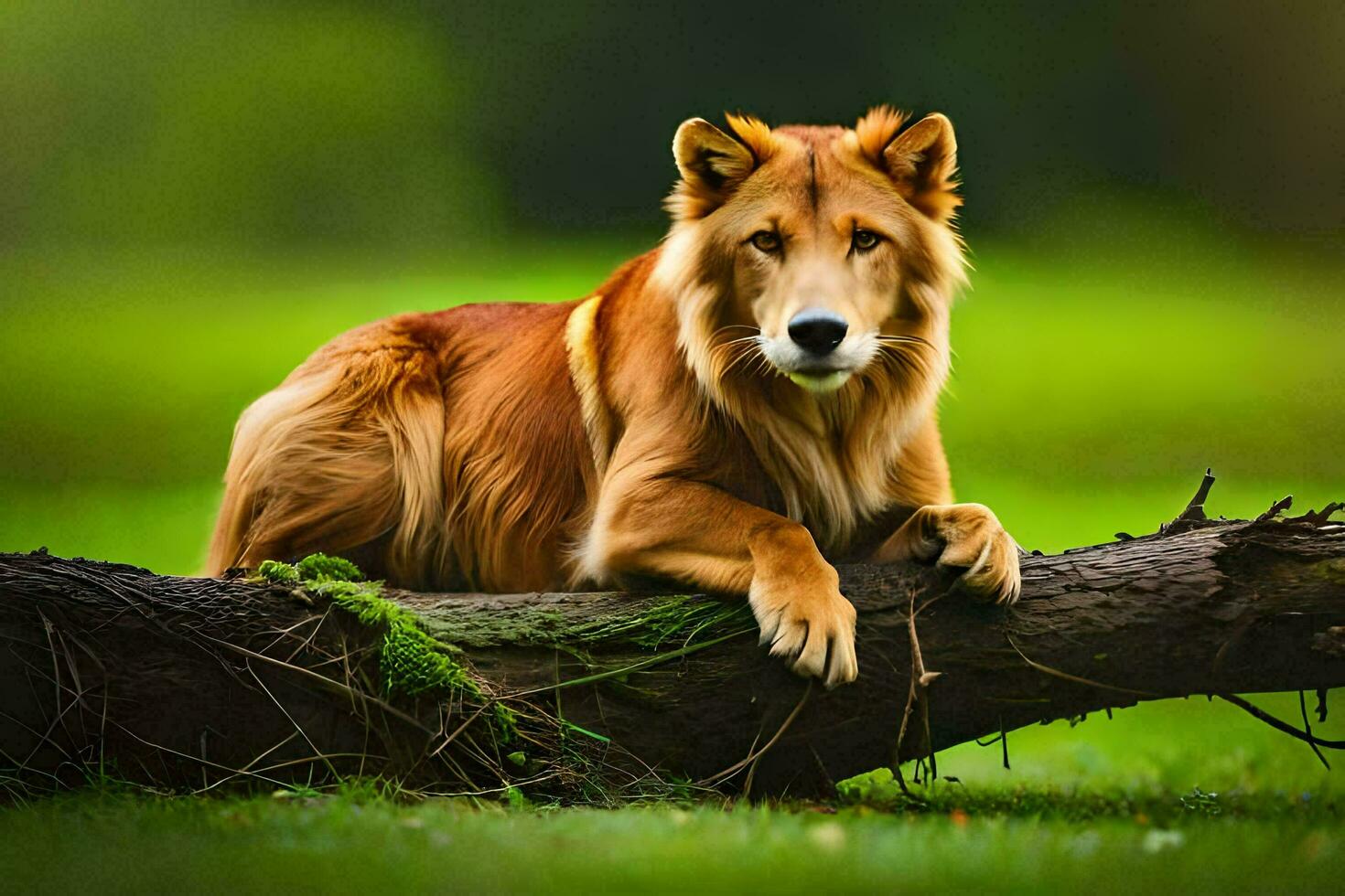 een bruin hond zittend Aan een log in de gras. ai-gegenereerd foto