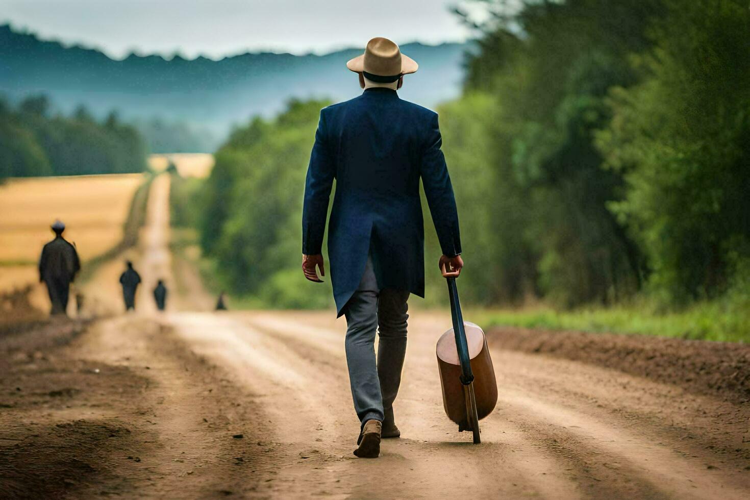 een Mens in een pak en hoed wandelen naar beneden een aarde weg met een gitaar. ai-gegenereerd foto