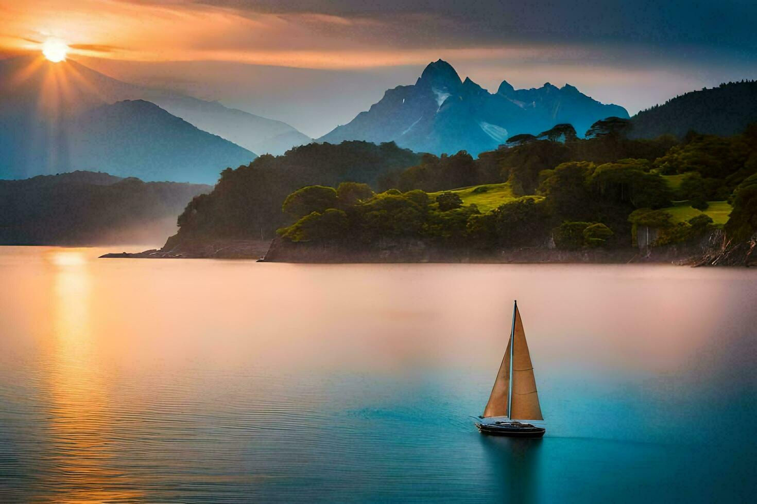 een zeilboot het zeilen in de oceaan Bij zonsondergang. ai-gegenereerd foto