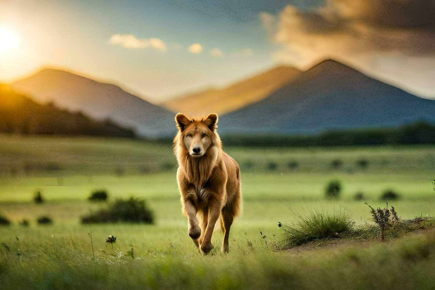 een hond wandelen in de gras Bij zonsondergang. ai-gegenereerd foto