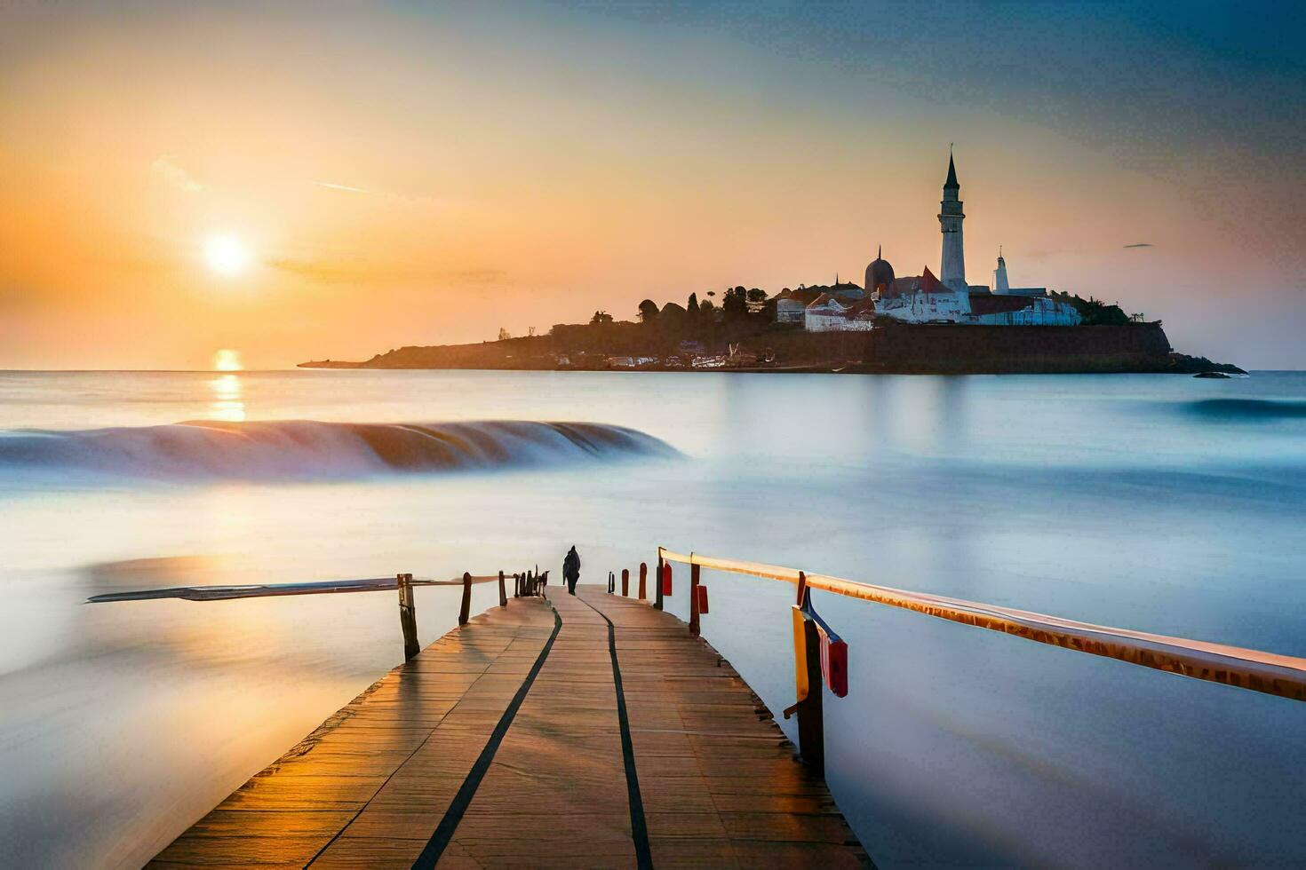 de zon sets over- een pier in de oceaan. ai-gegenereerd foto