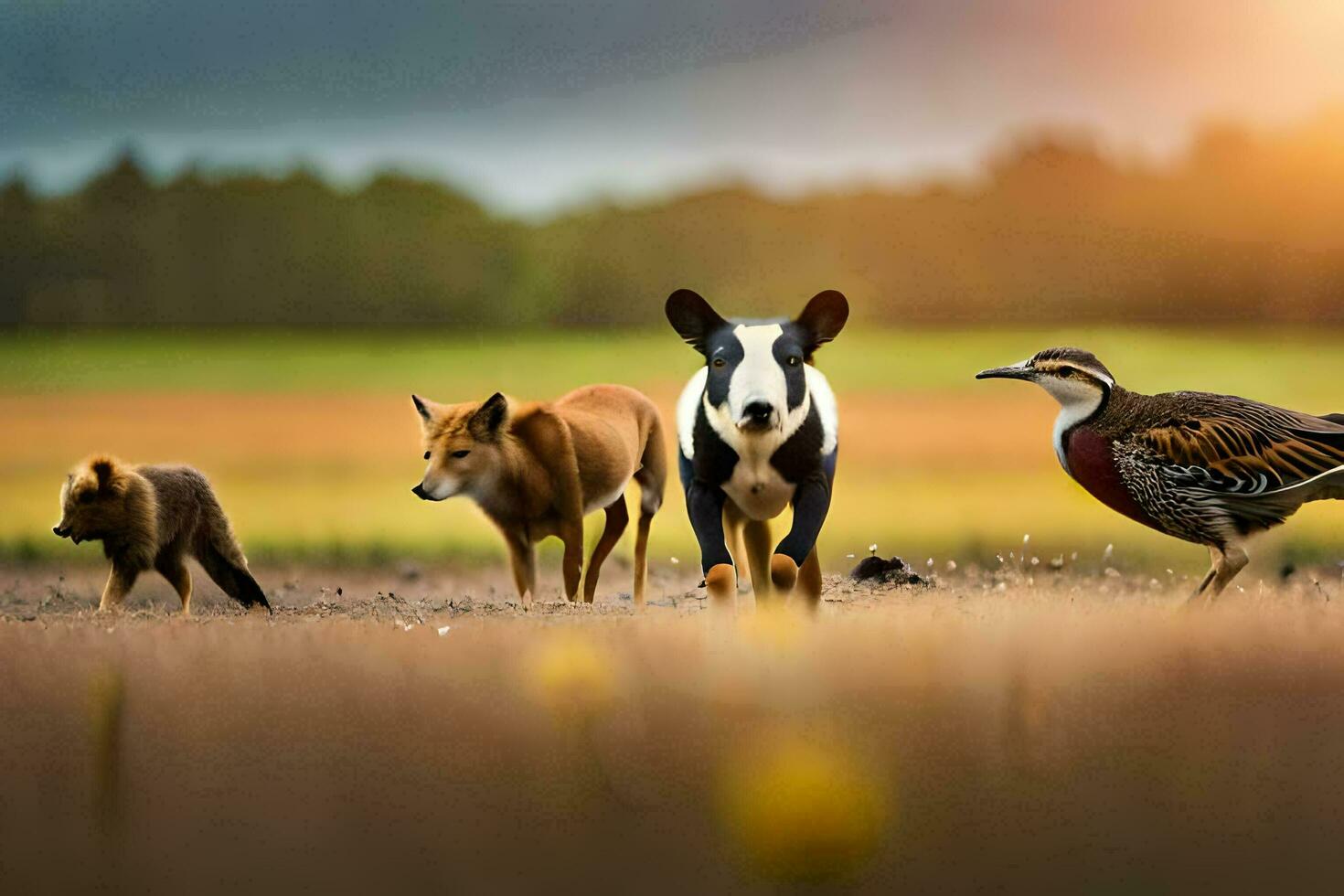 een groep van dieren wandelen in een veld. ai-gegenereerd foto