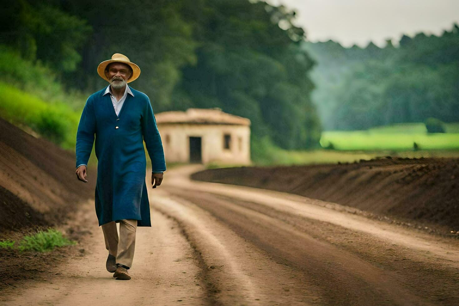 een oud Mens wandelen naar beneden een aarde weg. ai-gegenereerd foto