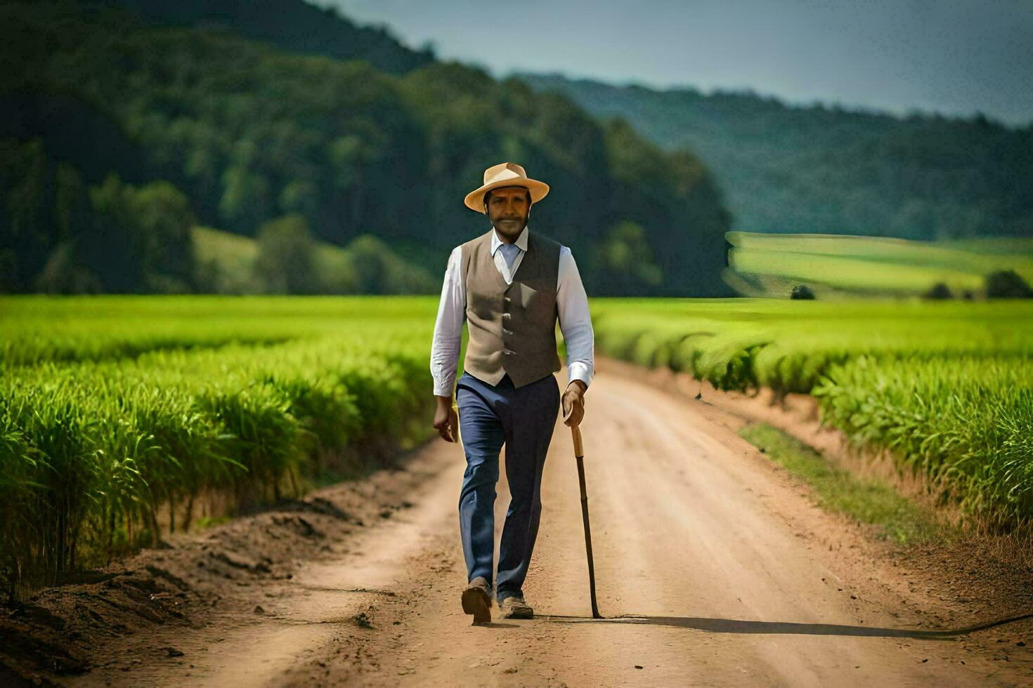 een Mens in een pak en hoed wandelen naar beneden een aarde weg. ai-gegenereerd foto