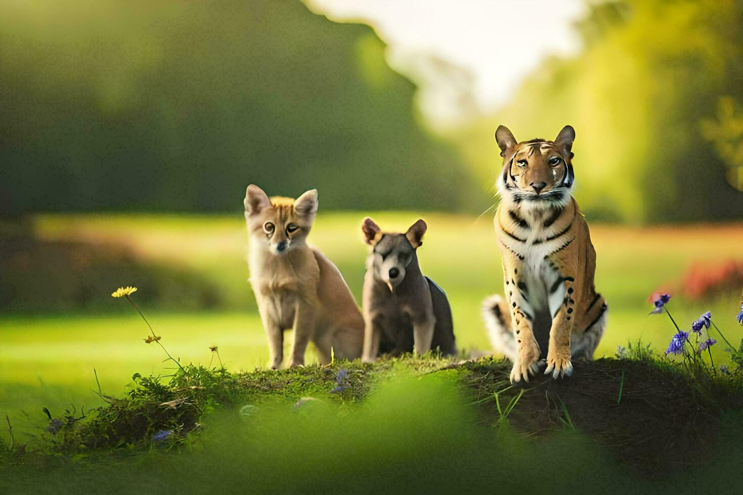 foto behang de dieren, natuur, bloemen, gras, dieren, tijgers, vos, vossen. ai-gegenereerd