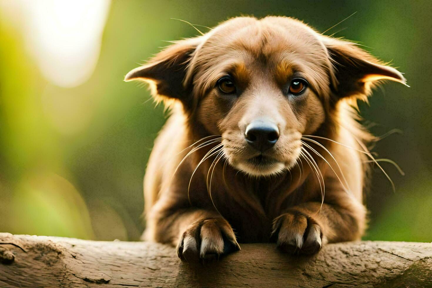 een bruin hond zittend Aan een logboek. ai-gegenereerd foto