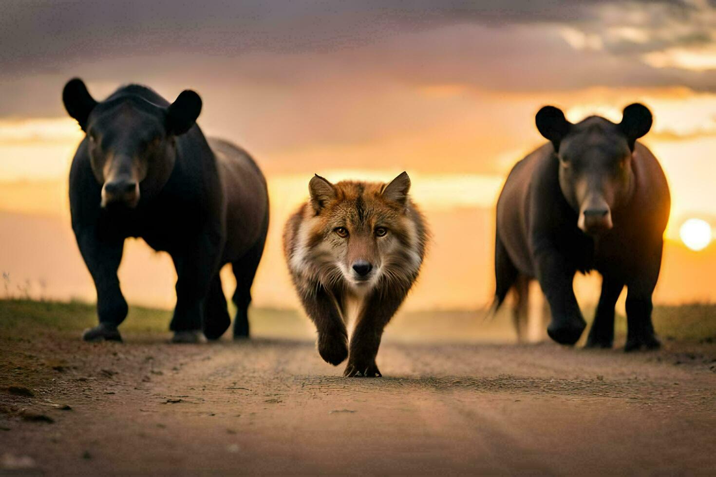 een vos wandelingen in voorkant van twee neushoorns. ai-gegenereerd foto