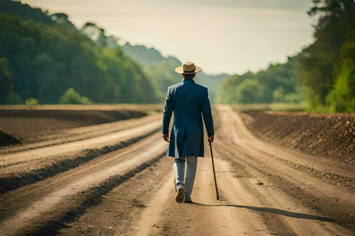 een Mens in een pak en hoed wandelen naar beneden een aarde weg. ai-gegenereerd foto