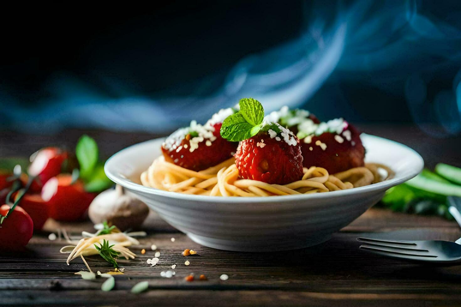 spaghetti met tomaten en basilicum Aan een houten tafel. ai-gegenereerd foto