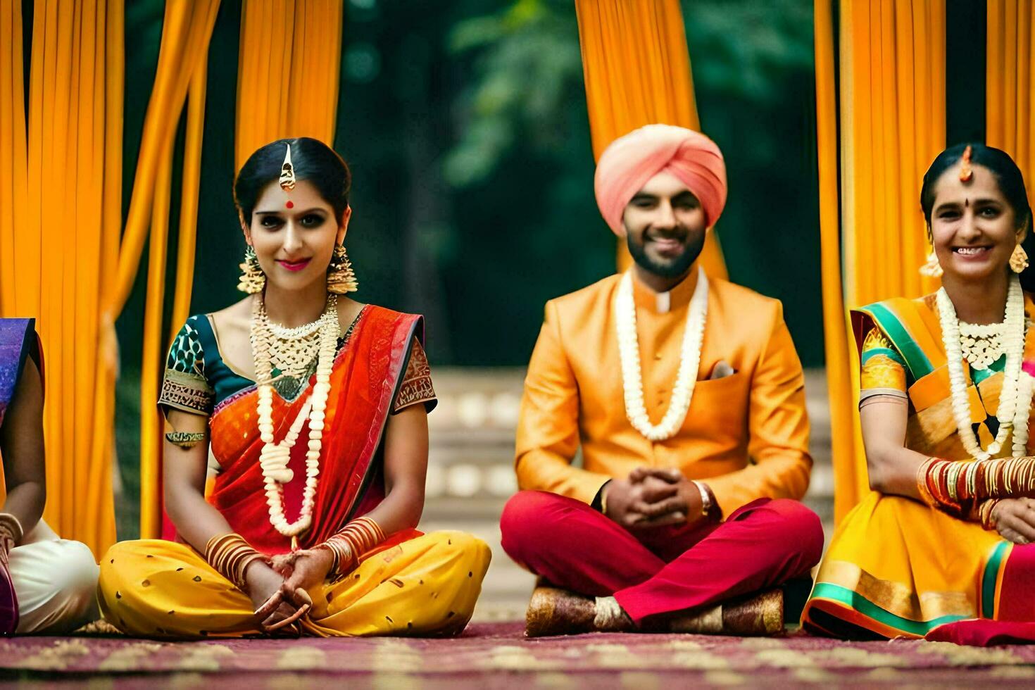 een groep van Indisch bruiloft gasten in traditioneel kleding. ai-gegenereerd foto