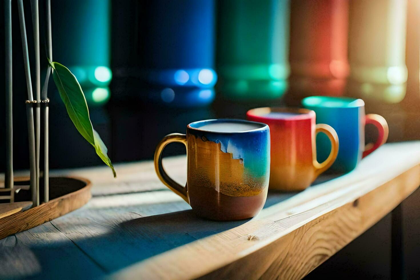 kleurrijk koffie mokken Aan een houten tafel. ai-gegenereerd foto