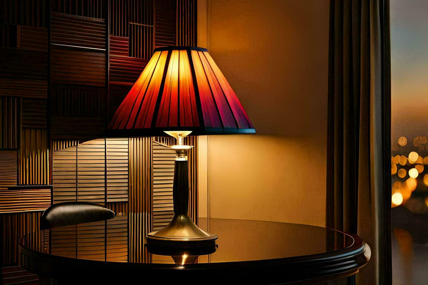 een lamp is zittend Aan een tafel in voorkant van een venster. ai-gegenereerd foto