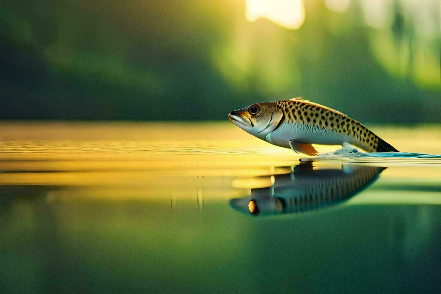 een vis is zwemmen in de water Bij zonsondergang. ai-gegenereerd foto