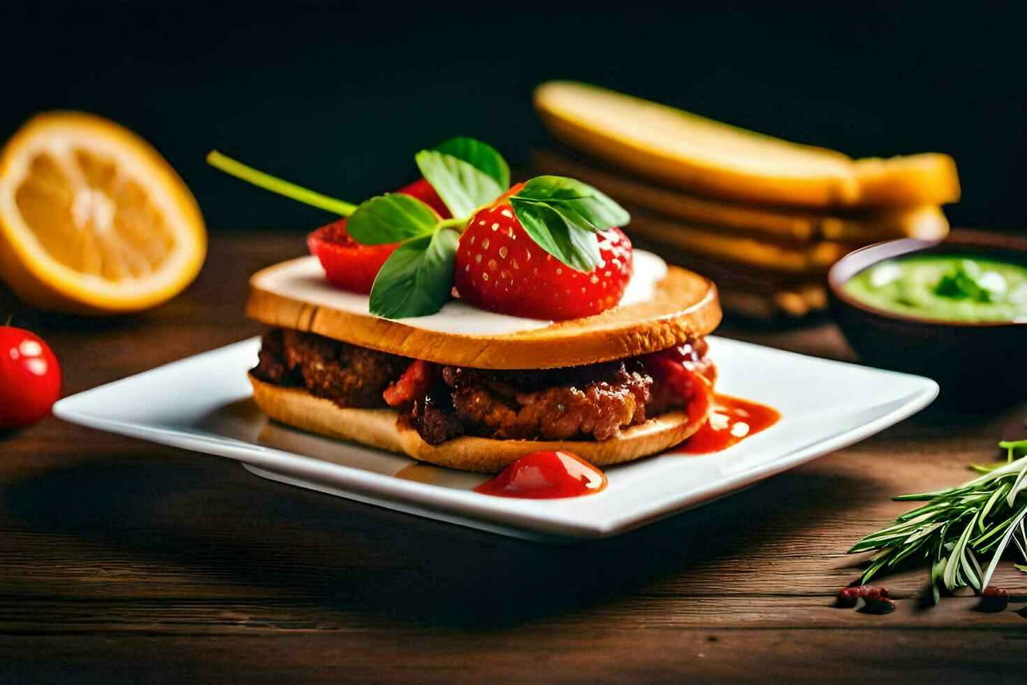 een Hamburger met aardbeien en een plak van citroen. ai-gegenereerd foto