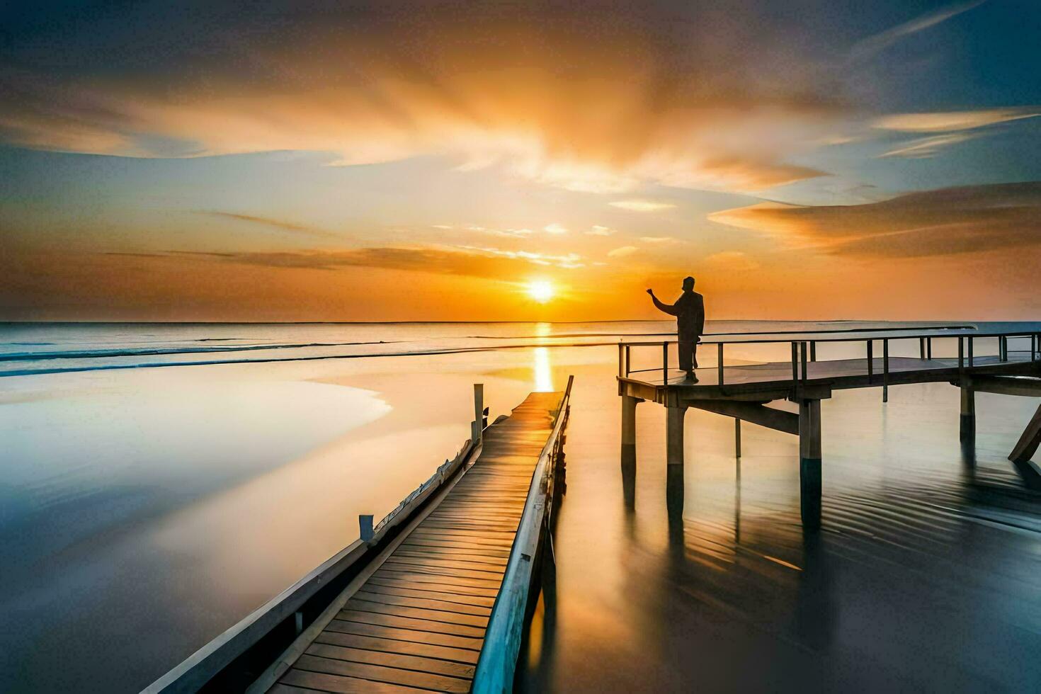 een Mens staand Aan een pier Bij zonsondergang. ai-gegenereerd foto