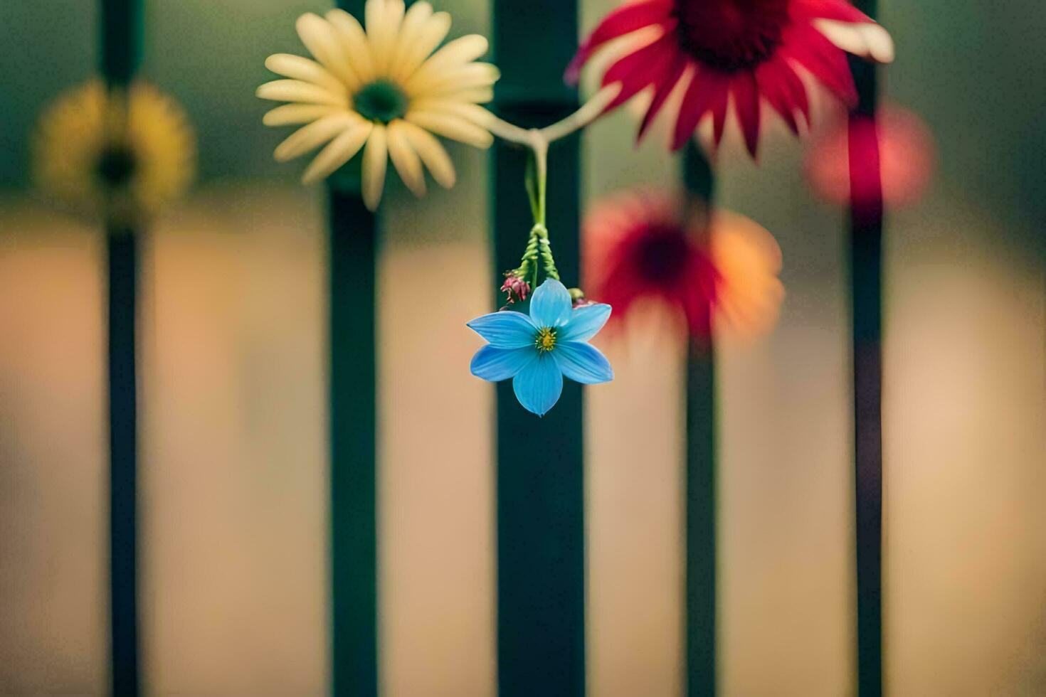 een blauw bloem hangende van een schutting. ai-gegenereerd foto