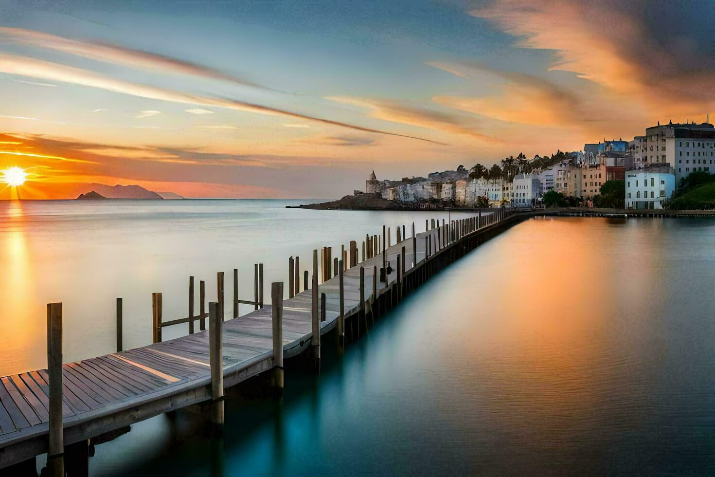 een pier in de water Bij zonsondergang. ai-gegenereerd foto