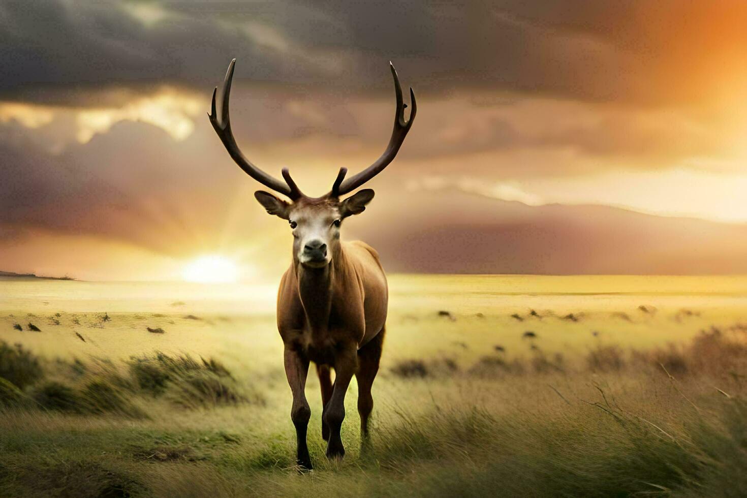 een hert met groot gewei is wandelen in de gras. ai-gegenereerd foto