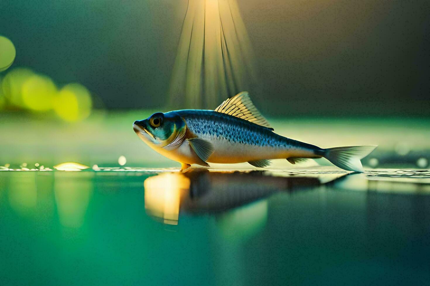 een vis is staand Aan de water met zonlicht schijnt. ai-gegenereerd foto