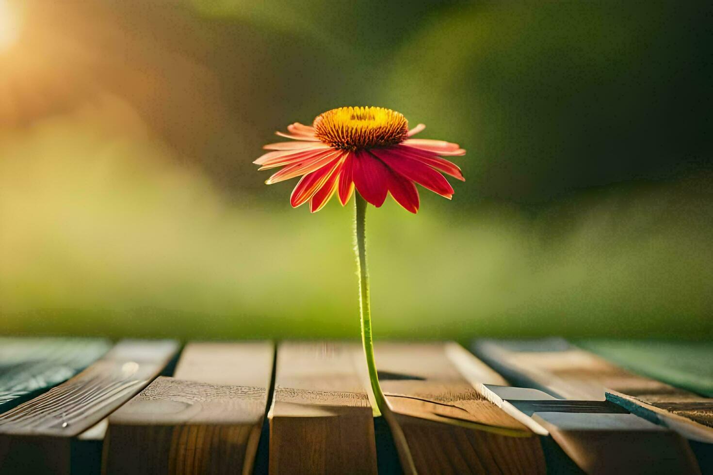 een single bloem zit Aan top van een houten tafel. ai-gegenereerd foto