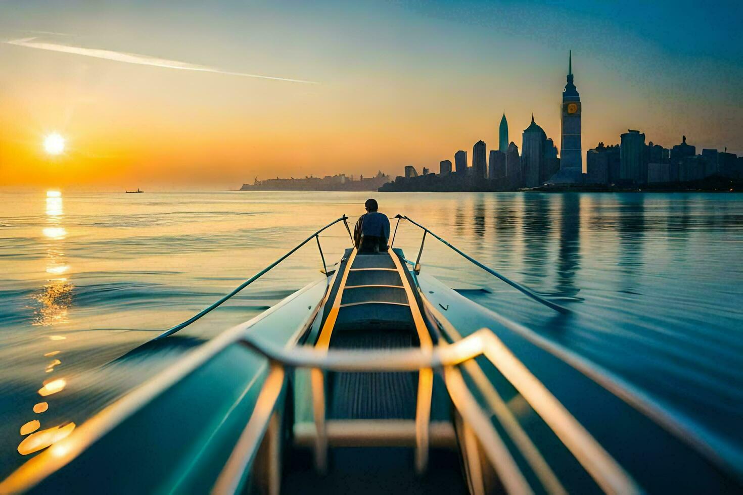 een Mens is rijden Aan een boot in de oceaan Bij zonsondergang. ai-gegenereerd foto