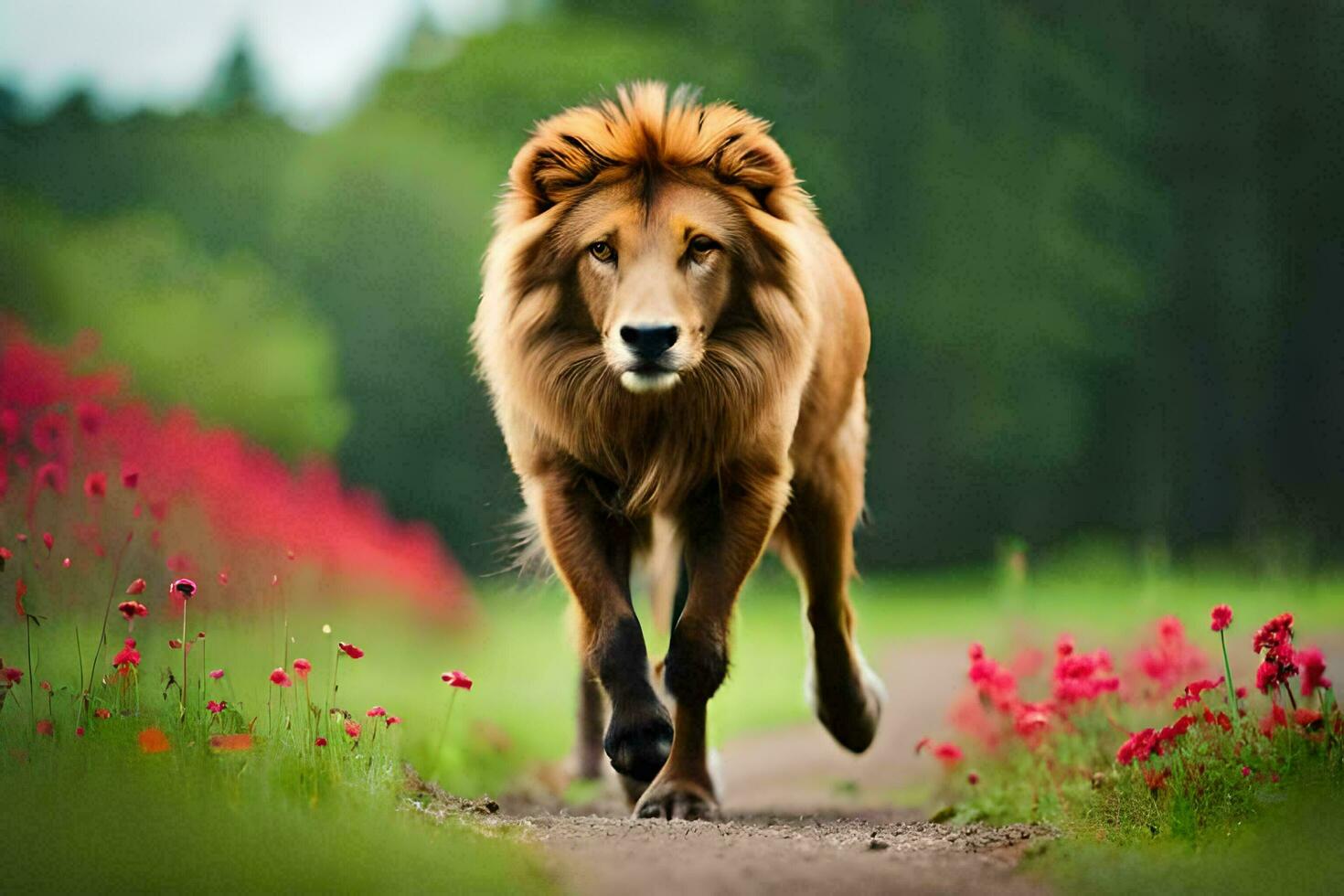 een leeuw wandelen Aan een pad door een veld- van bloemen. ai-gegenereerd foto