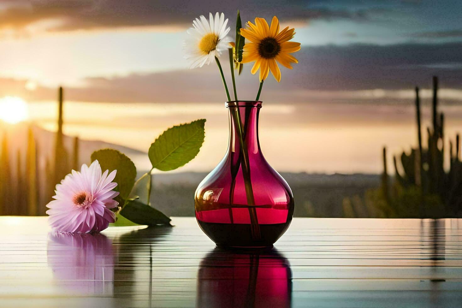 twee bloemen in een vaas Aan een tafel met een zonsondergang in de achtergrond. ai-gegenereerd foto